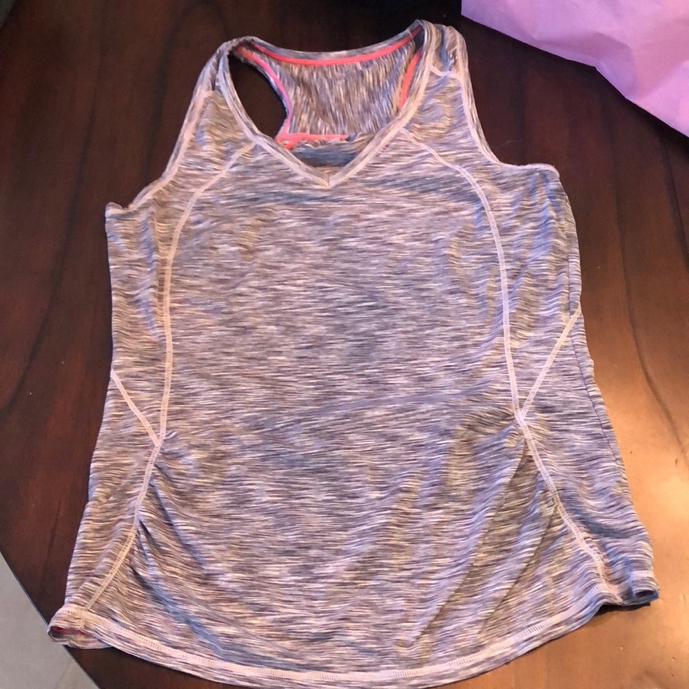 Athleta variegated gray stretch racer back top with hideaway zipper pocket